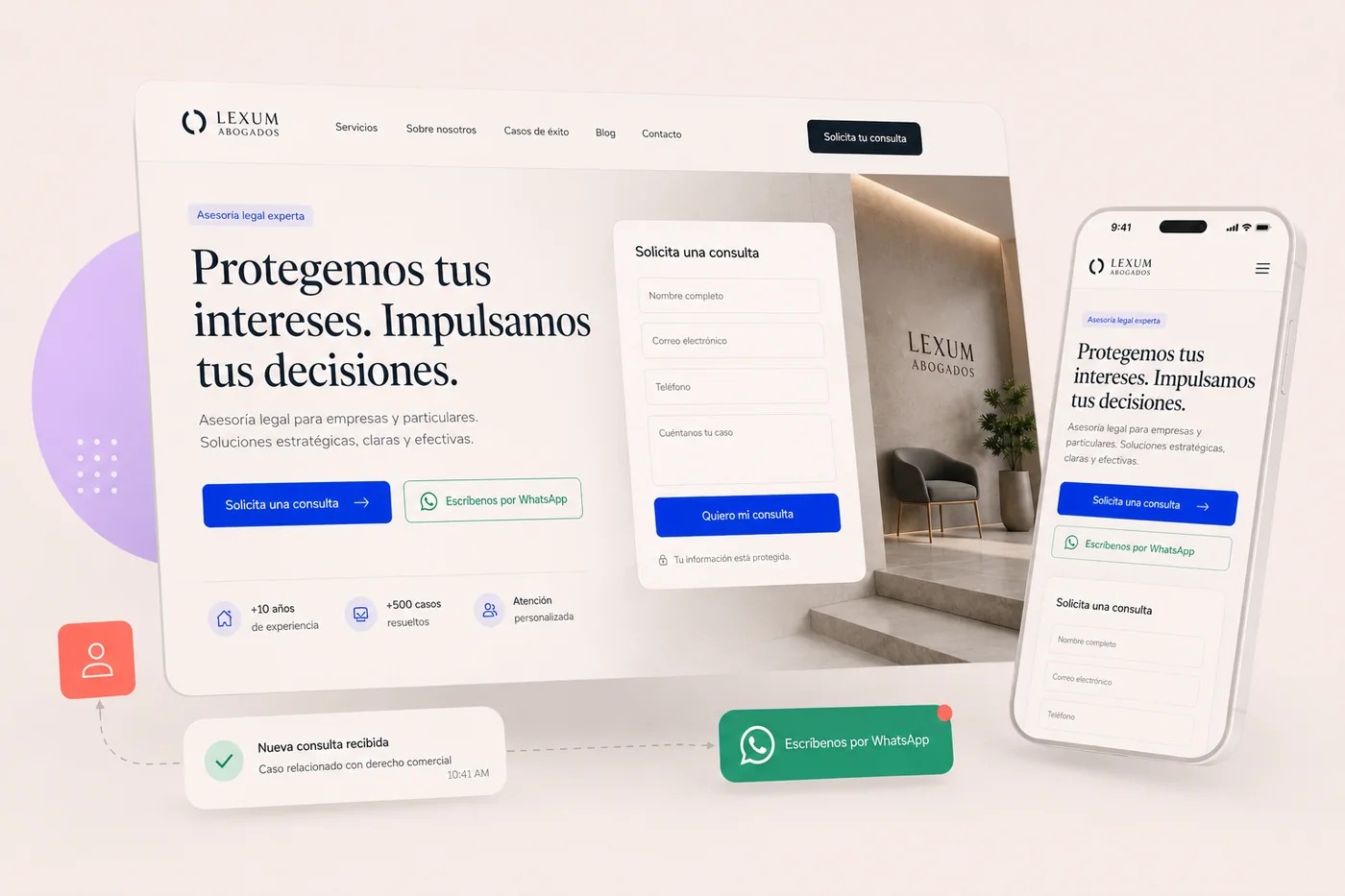 Mockup de una web comercial automatizada con formulario y WhatsApp