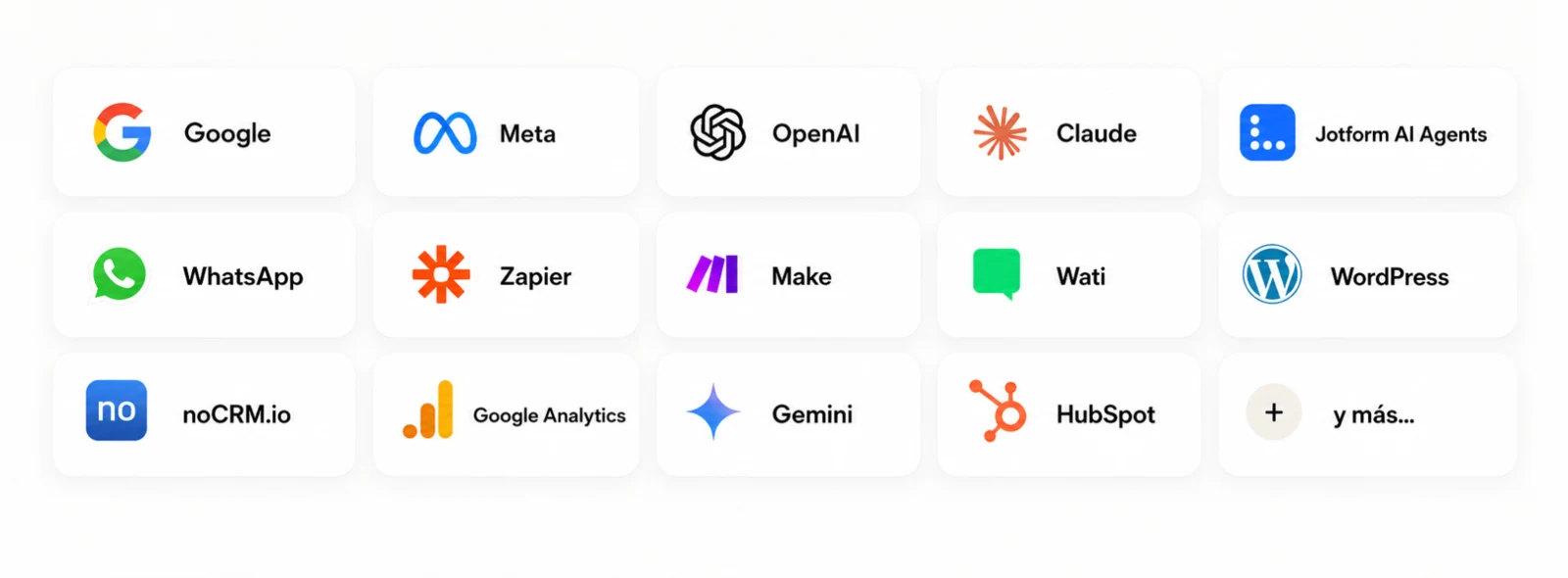 Logos de herramientas que OMNIA puede integrar: Google, Meta, OpenAI, Claude, Jotform AI Agents, WhatsApp, Zapier, Make, WATI, WordPress, noCRM, Google Analytics, Gemini y HubSpot